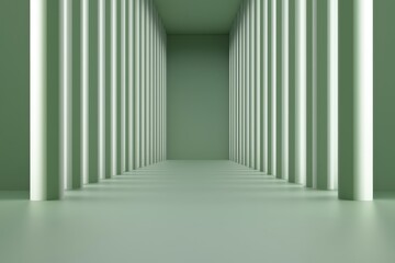 Fototapeta premium A serene corridor with tall, green columns and a minimalist design, creating a calm and inviting atmosphere.
