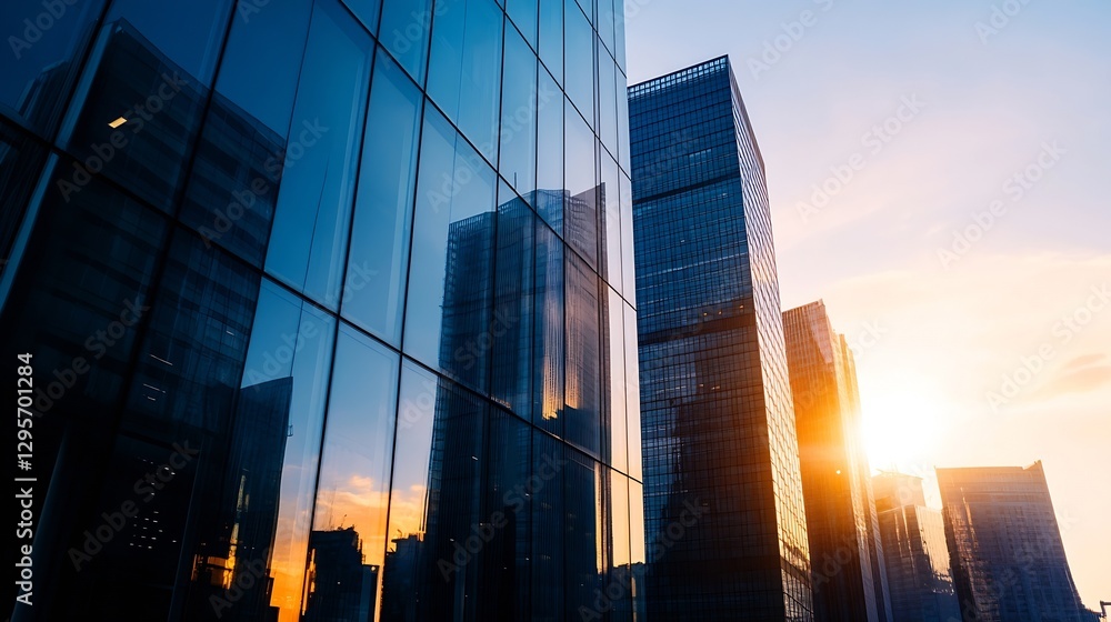 Wall mural Stunning reflection of modern skyscrapers in glass panels during sunset : Generative AI