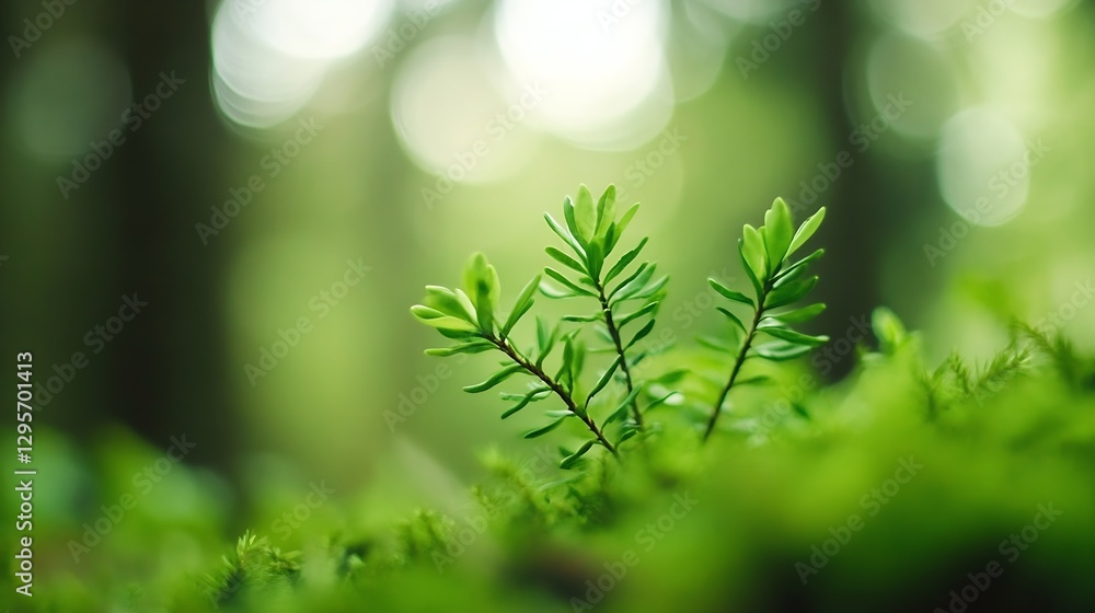 Aufkleber close up of fresh green plants thriving in a forest with soft bokeh background and natural light : g