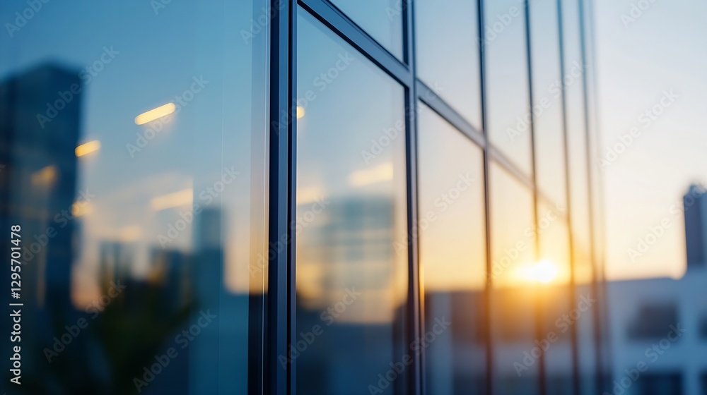 Poster modern cityscape reflection on glass windows during sunset creating a beautiful urban composition : 