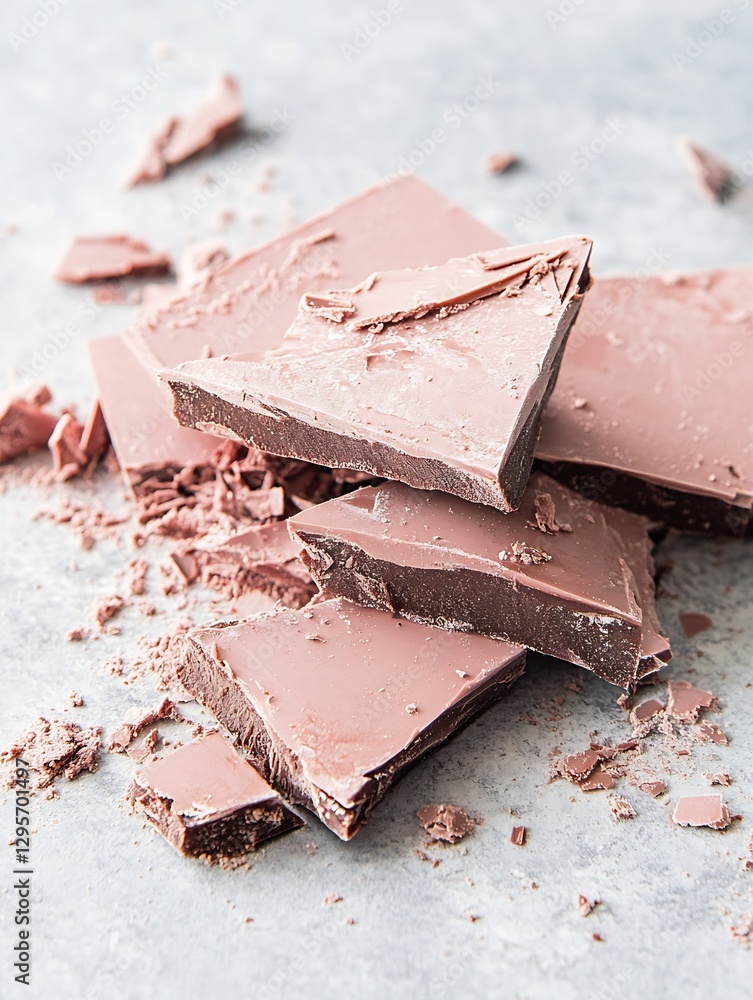 Poster Deliciously broken chocolate pieces piled high on a soft grey surface with crumbs surrounding them : Generative AI