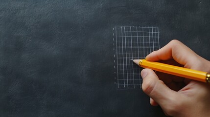 Hand Holding Yellow Pencil Drawing Grid Pattern on Dark Surface for Design or Engineering Projects