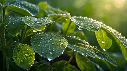 rain drops on a leaf, A fresh green leaves covered in morning dew, glistening under the first light of sunrise