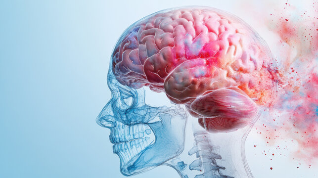 A brain with a skull in the background