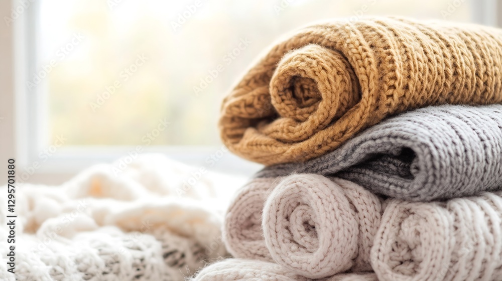 Poster Neatly rolled soft knitted blankets of various colors on a cozy surface : Generative AI