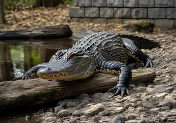 Fototapeta premium Realistic Alligator Resting on a Log by Water's Edge in Natural Habitat with Textured Scales and Serene Background