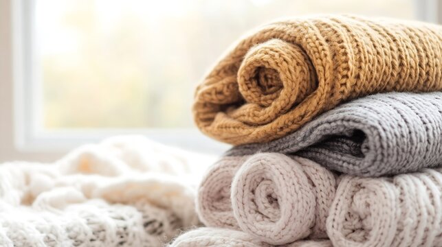 Neatly rolled soft knitted blankets of various colors on a cozy surface : Generative AI