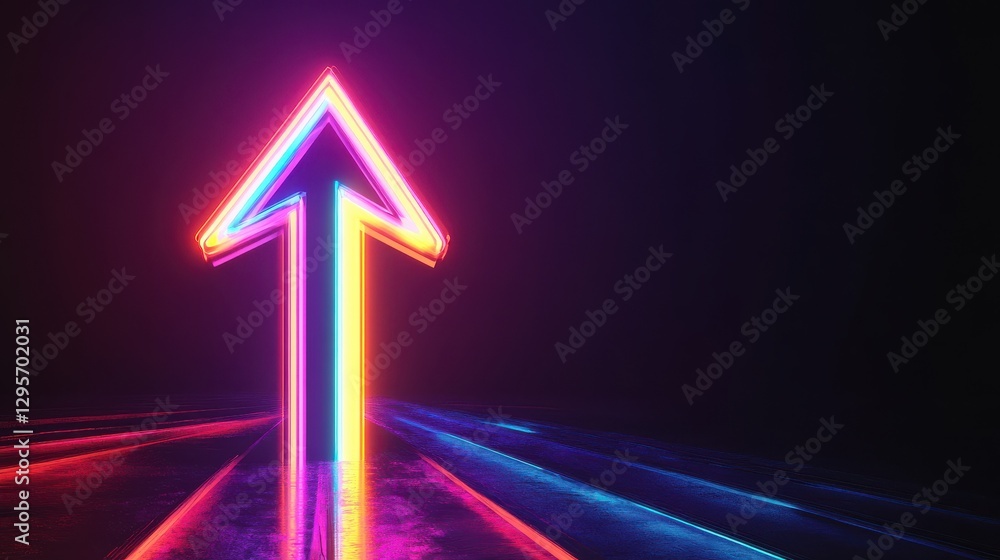 Poster a sleek arrow pointing up created by glowing beams in multiple vibrant colors giving a fast and ener