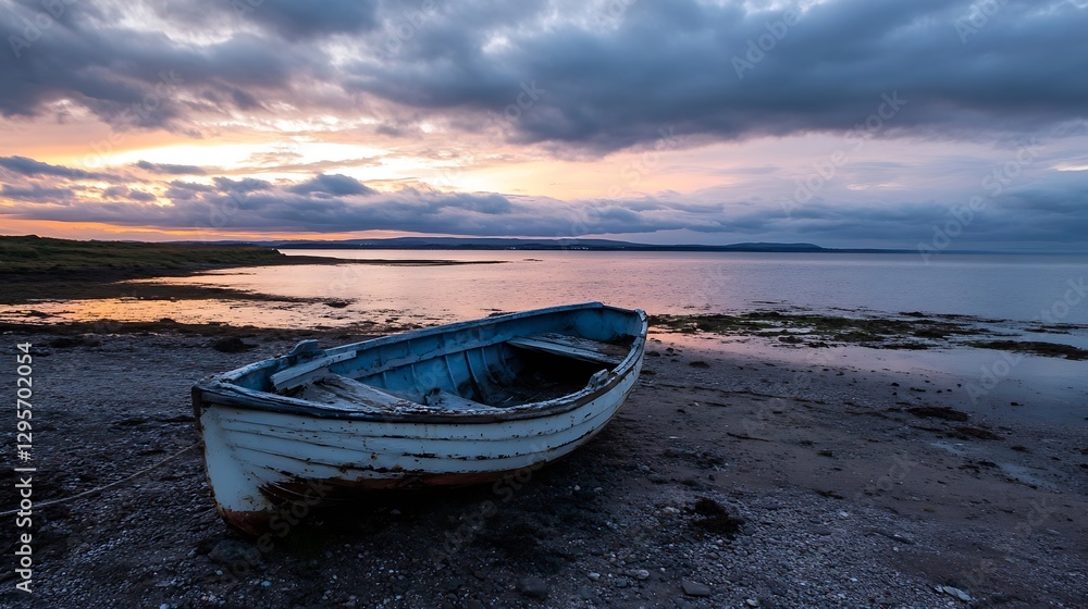 Poster abandoned boat resting on a sandy beach during sunset with a colorful sky in the background : genera