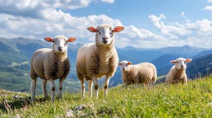 Naklejka premium Group of sheep grazing on a lush green hillside during sunny weather : Generative AI