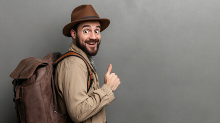 Obraz premium Happy traveler with backpack giving thumbs up gesture on a neutral background