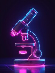 Neon Microscope: Glowing vibrant pink and blue neon light outlines a detailed microscope against a dark background. The image evokes a sense of scientific discovery and modern technology.