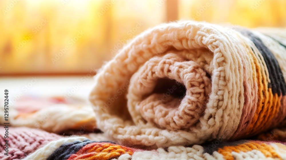 Poster colorful rolled knitted blanket on a soft surface with natural light : generative ai
