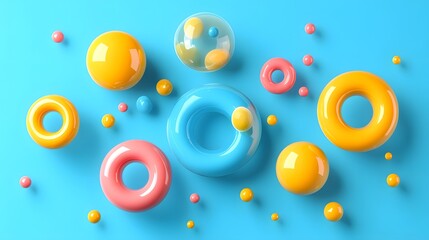 Colorful abstract composition of glossy spheres and rings on a bright blue background