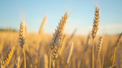Fototapeta premium Closeup of golden wheat stalks swaying gently in the warm sun during harvest season : Generative AI