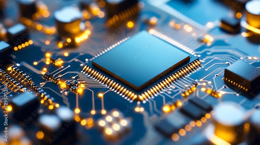 Aufkleber Close Up of Microchip and Circuit Board with Electronic Components : Generative AI