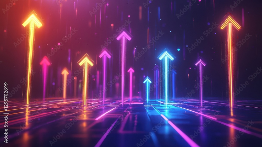 Poster abstract image of colorful glowing arrows pointing up, set against a dark background with a glowing 