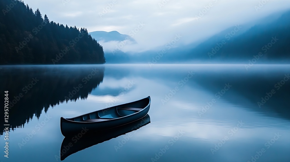 Poster Mysterious canoe floating silently on a still lake surrounded by fog and mountains : Generative AI