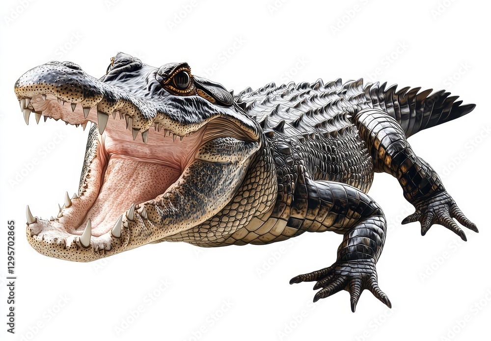 Poster realistic alligator with open mouth displaying sharp teeth in a high-quality detail with textured sk