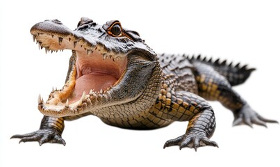 Obraz premium Realistic Alligator with Open Mouth Showcasing Powerful Teeth and Detailed Scales on a White Background for Wildlife and Nature Imagery