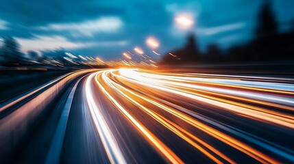 Dynamic capture of light trails on a highway showcasing the beauty of motion and speed during twilight : Generative AI