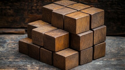 Obraz premium Wooden blocks arranged in a complex, three-dimensional structure on a rustic wooden surface.