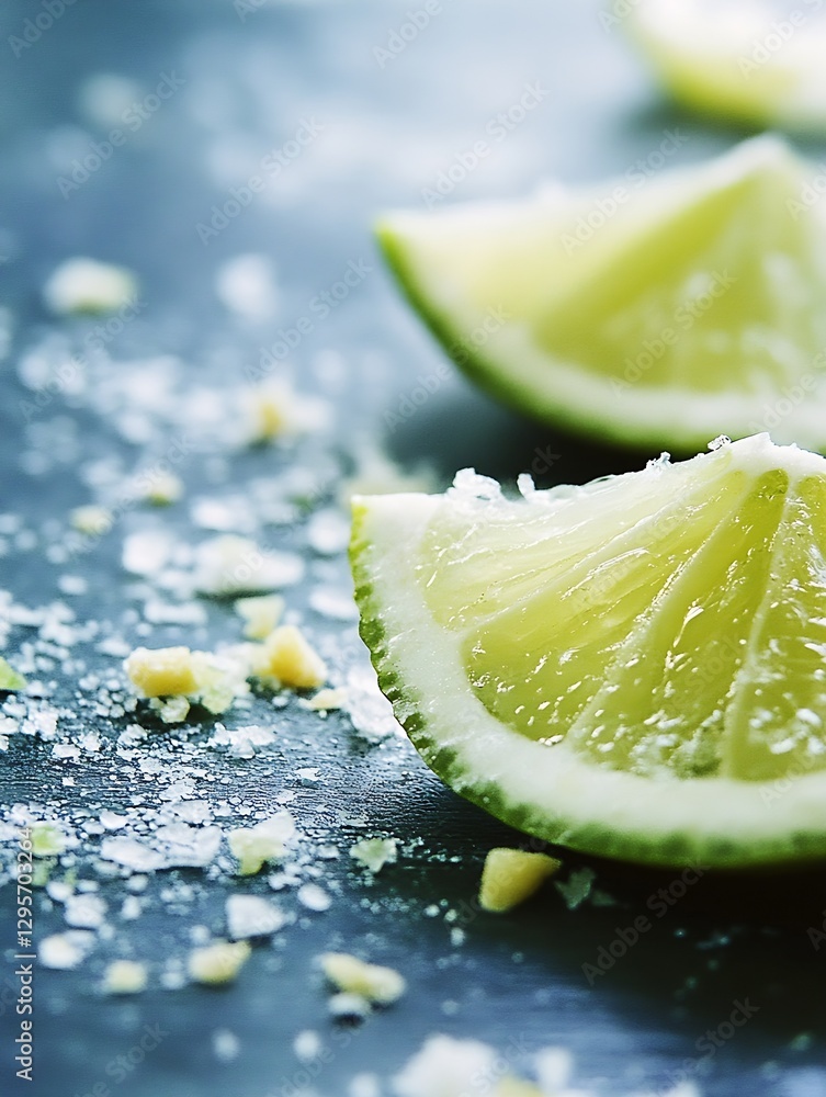 Poster freshly cut lime slices garnished with sea salt on a dark surface creating a vibrant and refreshing 