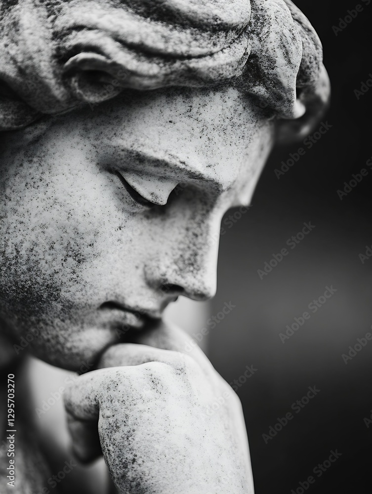 Poster close up view of a classic stone sculpture depicting deep thoughtfulness and serene expression : gen