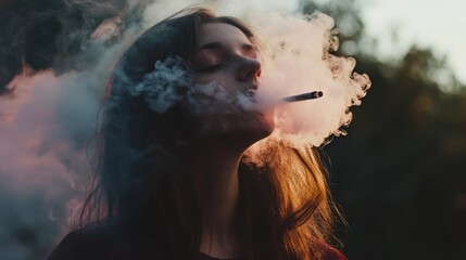 Fototapeta premium A woman with long flowing hair stands peacefully outdoors, enveloped in swirling smoke from her cigarette
