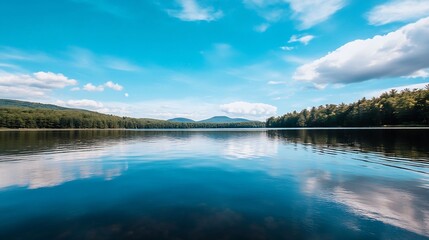 Stunning reflection of lush trees and serene skies across a calm lake on a clear sunny day : Generative AI