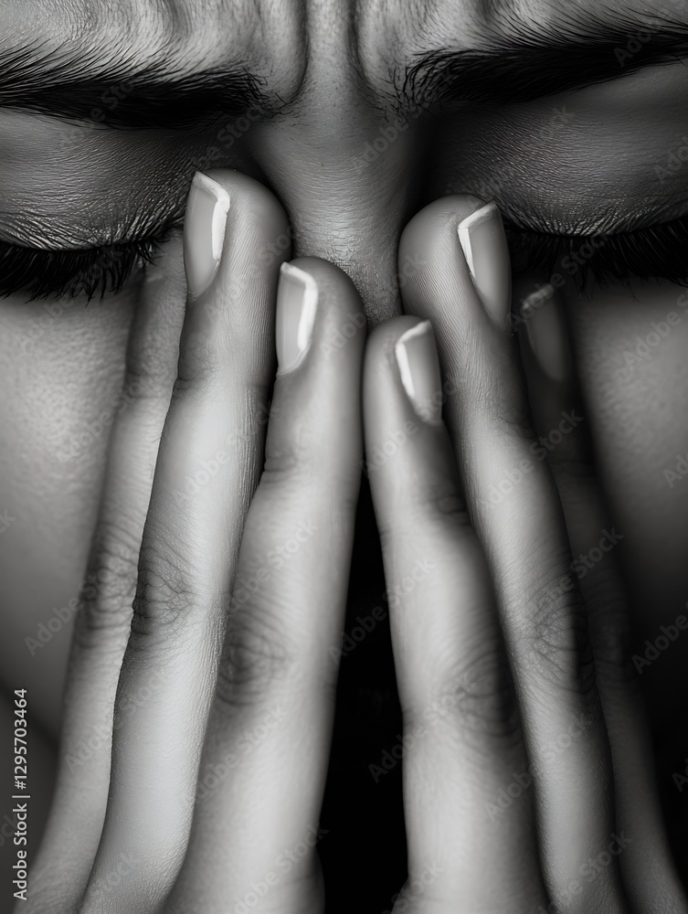 Poster emotional portrait of a person with hands on face expressing deep feelings and inner turmoil in blac