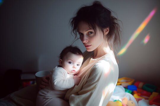 A mother on maternity leave holding her baby in a cozy yet chaotic home setting, reflecting the beauty and challenges of real-life parenting with love and resilience. Generative AI.