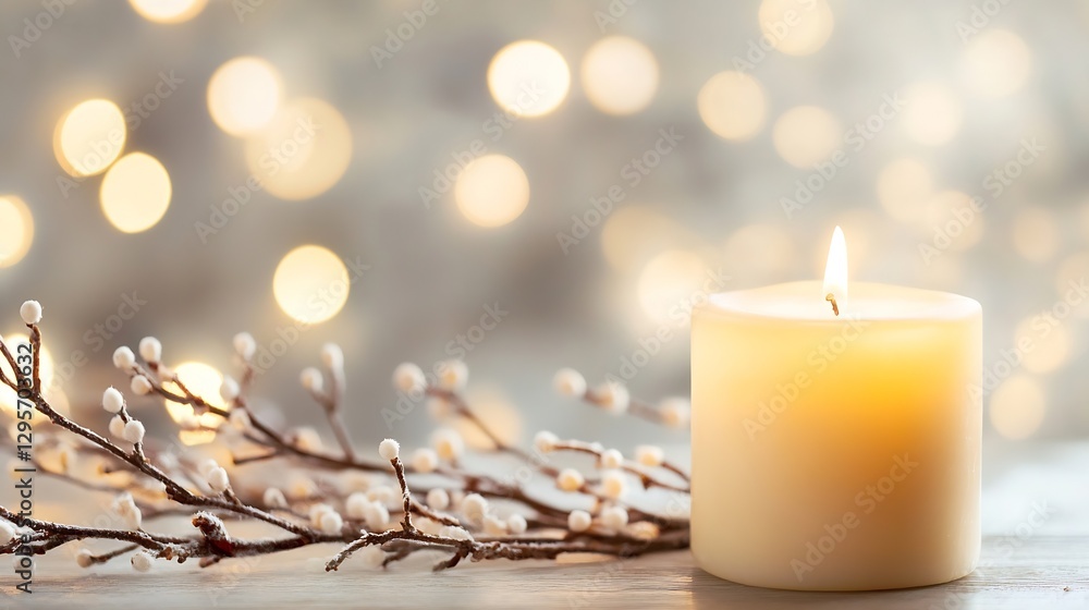 Poster scented candle with decorative twigs creating a serene atmosphere against a soft blurred background 