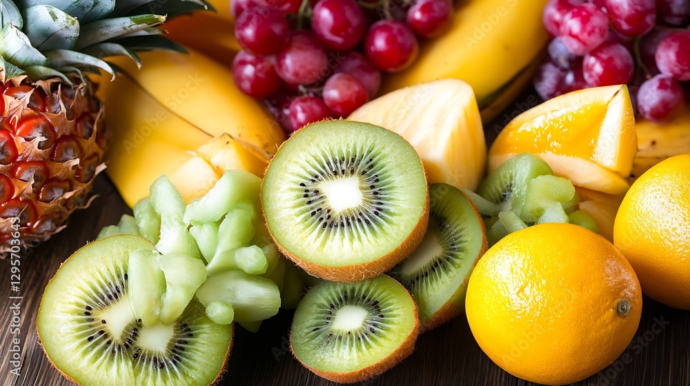 Poster fresh colorful fruits including kiwi bananas grapes and oranges arranged on wooden table : generativ