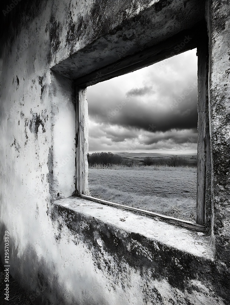Aufkleber black and white photograph capturing an old weathered window with dramatic clouds outside : generati