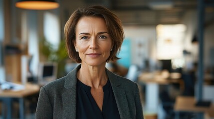 Fototapeta premium Confident businesswoman standing in modern office environment with professional attire and warm smile, showcasing leadership and success in workplace