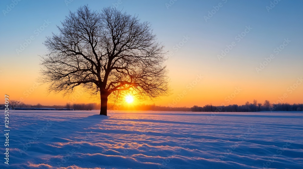 Aufkleber Serene winter sunset behind a lone tree casting shadows on fresh snow in an open field : Generative AI