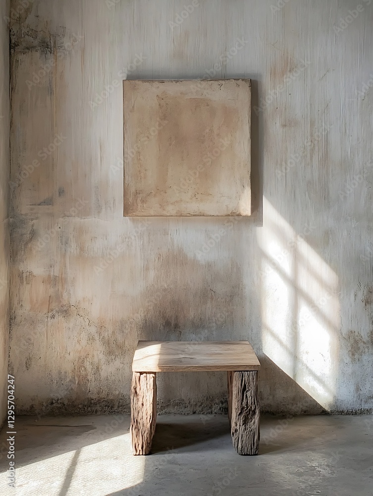 Fototapete minimalist interior design featuring a rustic wooden table and a blank canvas in soft light : genera