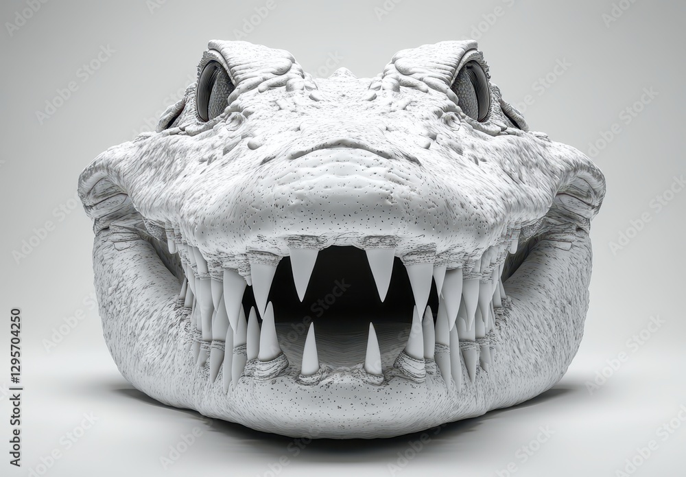 Poster realistic and detailed sculpture of alligator head with open mouth displaying sharp teeth on a clean