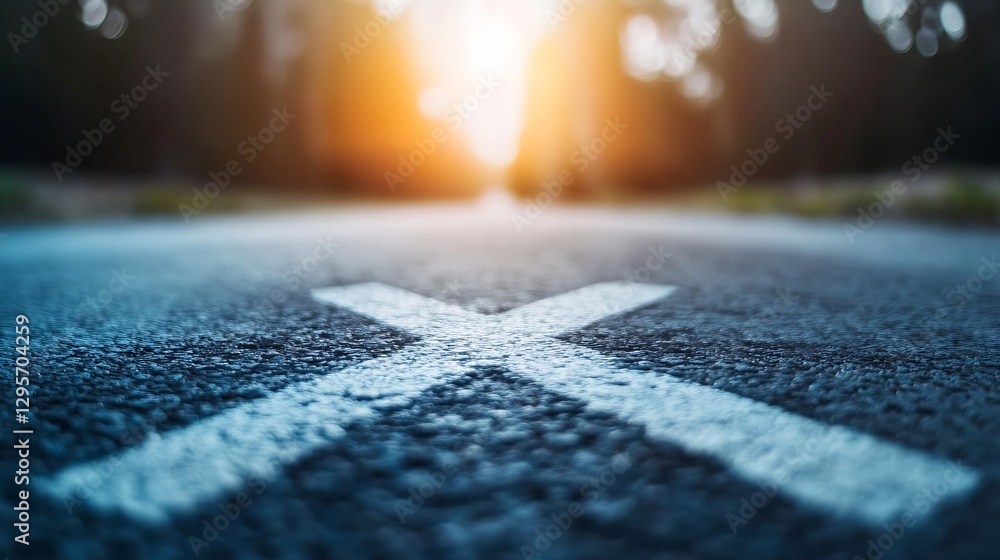 Poster Close Up Perspective of a Marked Road with Sunlight and Trees in the Background : Generative AI