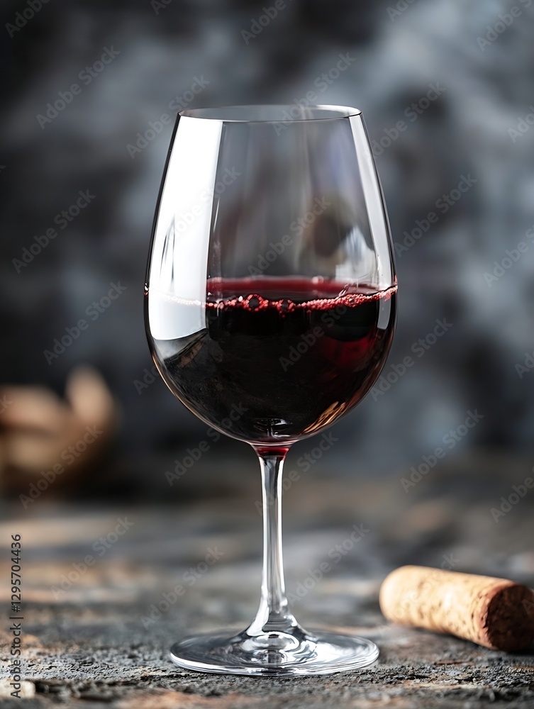 Poster elegant glass of rich red wine on dark background with cork and soft light : generative ai