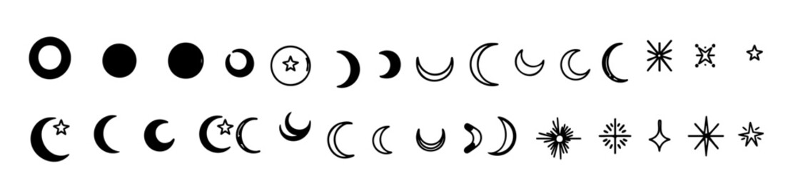 Obraz premium A high-resolution vector icon sheet featuring crescent moon and star designs in a simple line art style