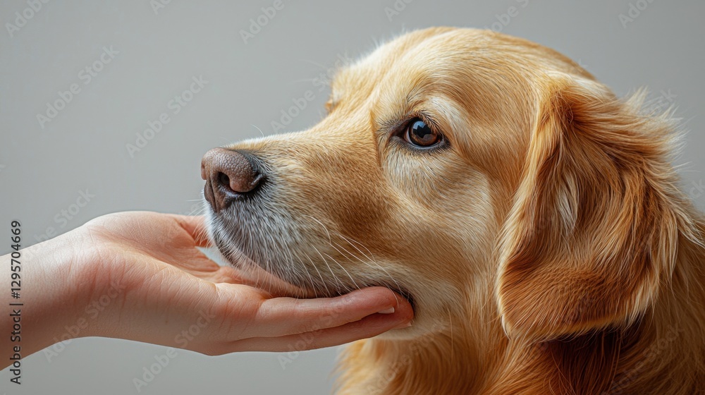 Wall mural golden retriever enjoys gentle affection from a caring hand in a professional studio setting. genera