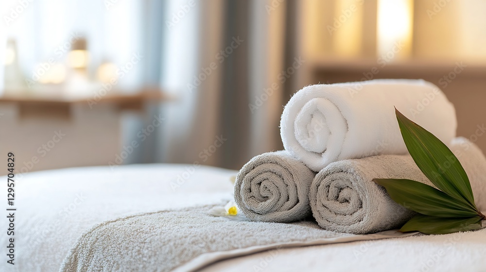 Aufkleber Neatly arranged towels and greenery on a spa table creating a welcoming atmosphere for relaxation : Generative AI