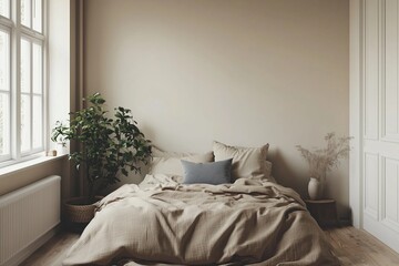 Minimalist Bedroom with Beige Walls, Large Window, and a Small Plant in the Corner. Natural Light Creates a Cozy Ambiance, Embodying Simple and Elegant Interior Design