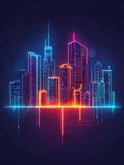Fototapeta premium Glowing Cityscape Silhouette: A stunning artistic representation of a modern cityscape at night, rendered in vibrant neon lines, creating a futuristic and dynamic visual.