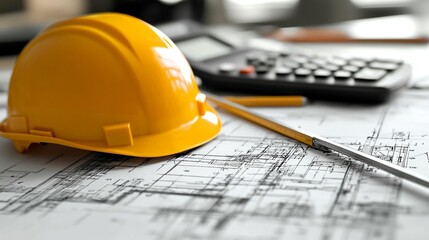 Yellow hard hat, calculator, pencil, and blueprints on desk.