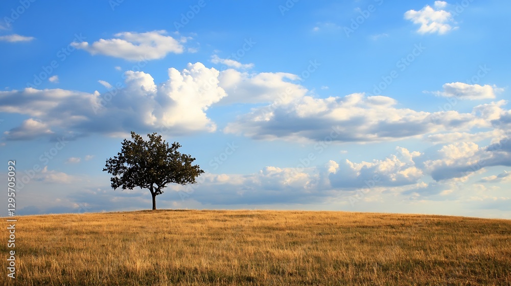 Poster lone tree standing on a grassy hill under a blue sky filled with fluffy clouds : generative ai