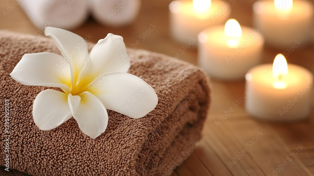 Poster serene spa setting with soft towels and exotic flower surrounded by candlelight : generative ai