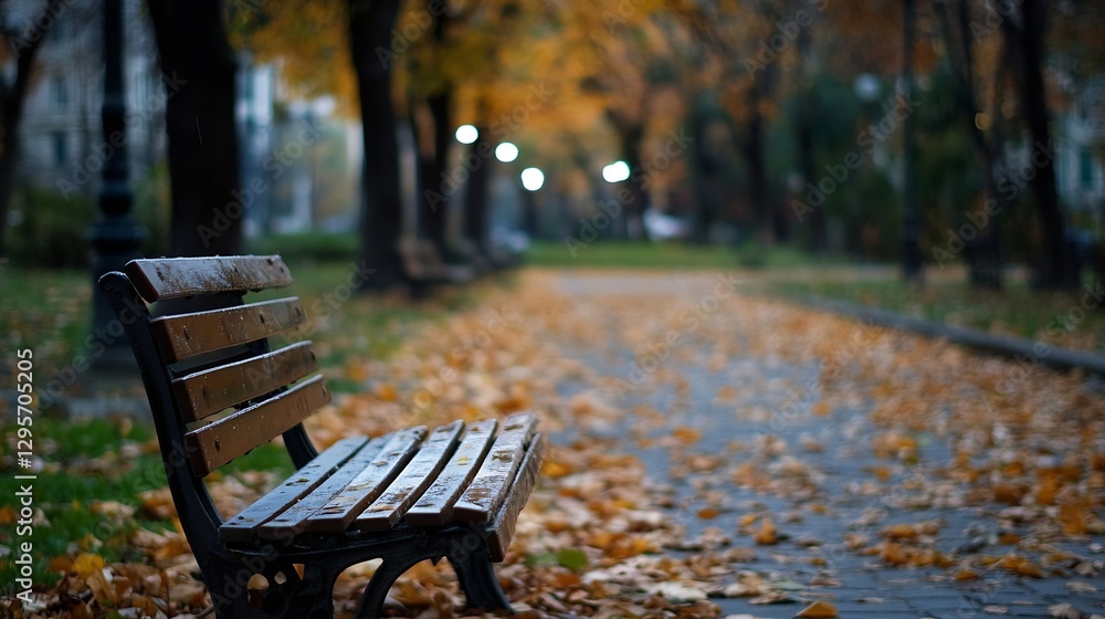 Poster autumn park scene with empty wooden bench surrounded by fallen leaves and soft lighting : generative